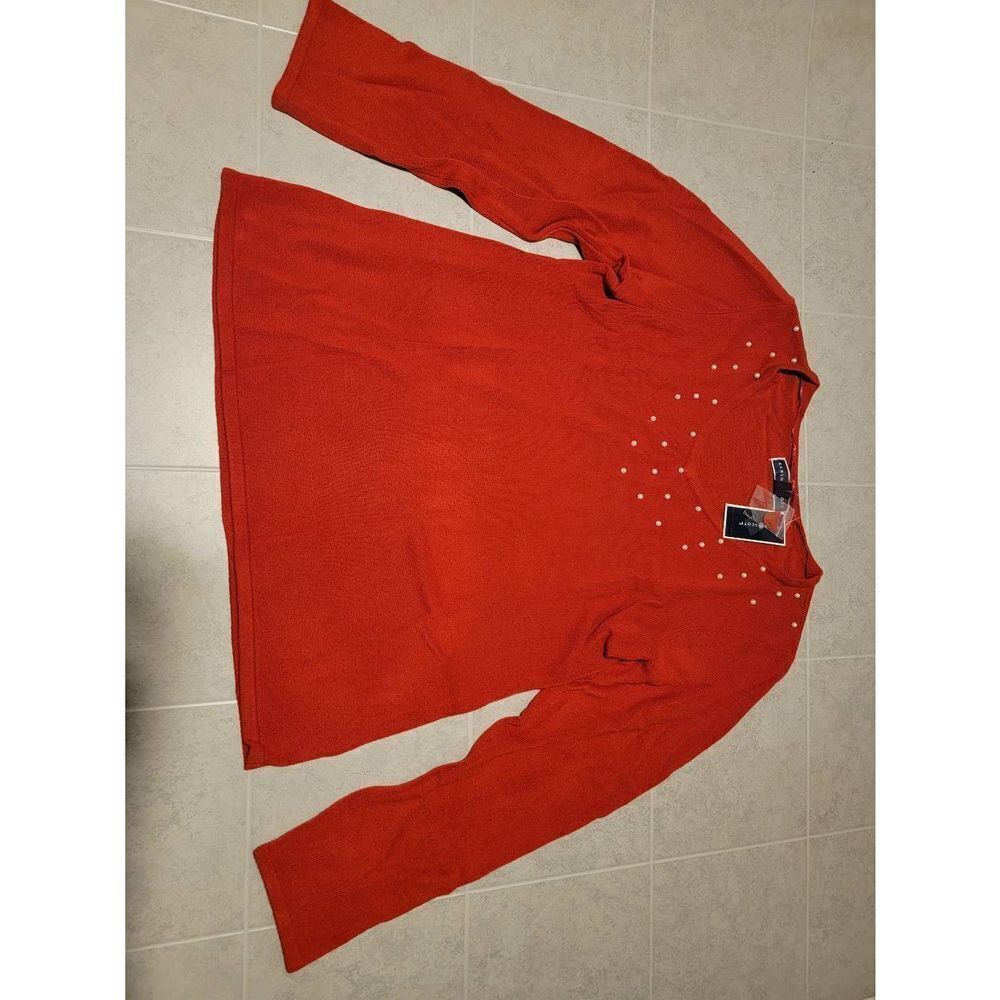 Karen Scott Women's Red V-neck Pearl Embellished Long Sleeve Pullover Sweater To